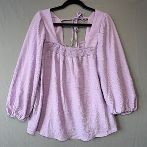 Ichi Womens Crepe Peasant Boho Top Size 40 Lavender Smocked Square Neck Flowy